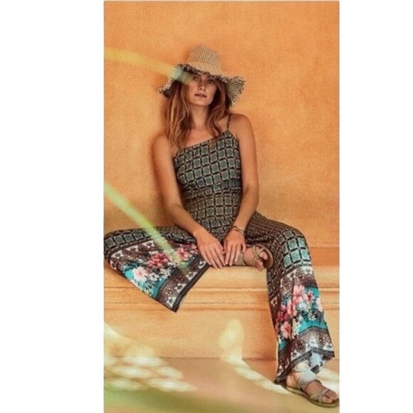 Anthropologie Farm Rio Small Honolulu Jumpsuit Floral Geometric Lightweight Flow - Picture 1 of 12